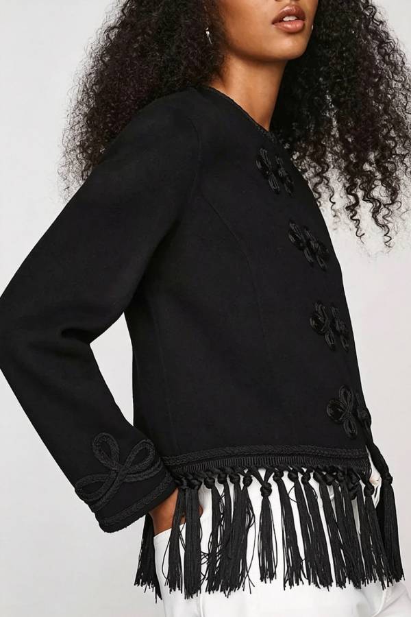 Vintage Bohemian Style Embroidered Tassel Trim Long Sleeve Jacket
