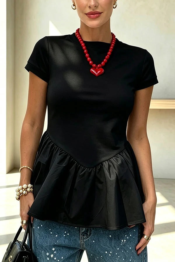 Playful and Cute Short Sleeve Ruffle Hem Stretchy T-shirt Top