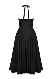 Solid Halter Deep V Neck A-Line Midi Dresses