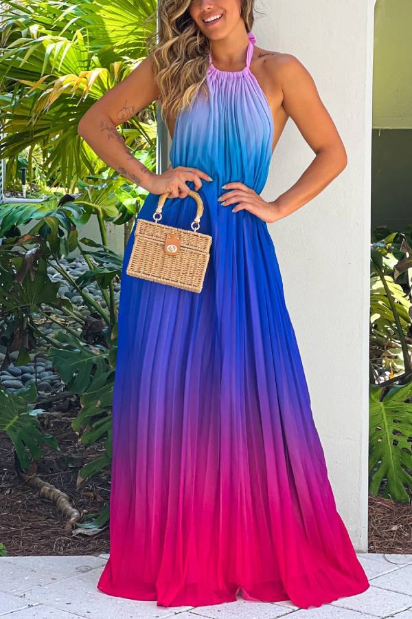 Pink and Purple Halterneck Maxi Dress