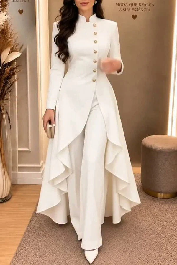 Jemma Stand Neck Long Sleeve Button High Low Hem Top and Wide Leg Pants Set