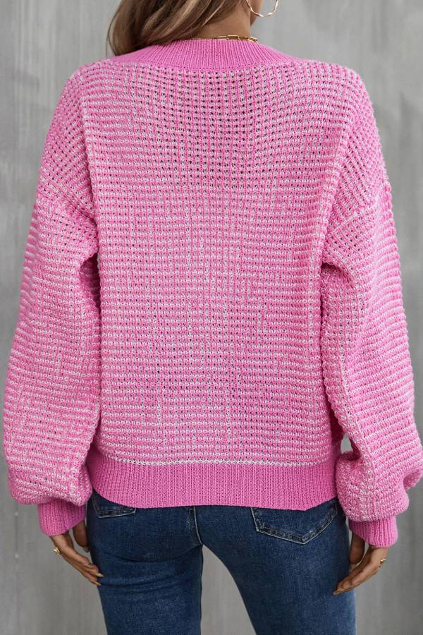 Women Pink Mixed Color Hollow Knit Cardigan Loose Lantern Sleeve Short Sweater Coat