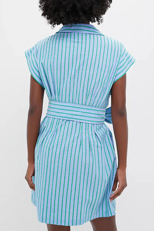Short Sleeves Button Down Tie Waist Striped Mini Dress