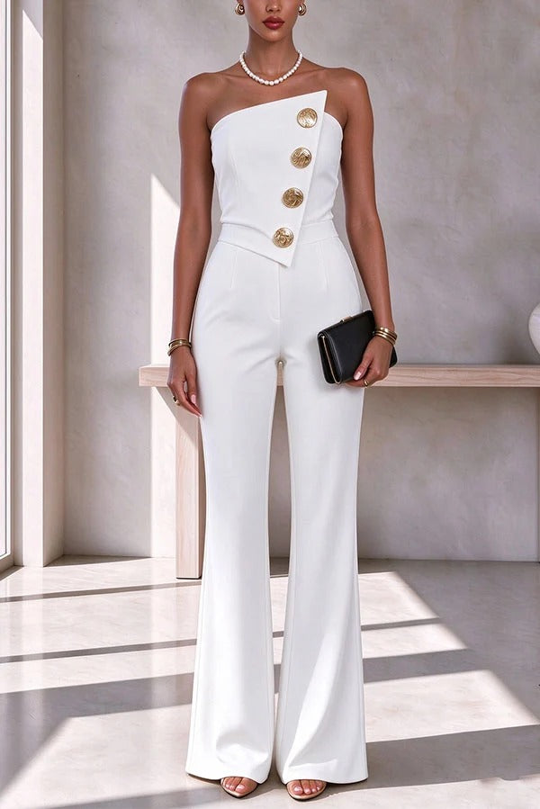Sexy Strapless Button Embellished Flared Leg Jumpsuit