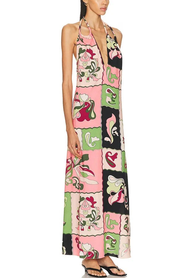 Vacation Night Unique Color-block Print U-shaped Shoulder Strap Maxi Dress
