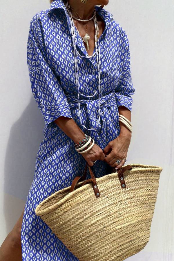 Bohemian Geometric Printed Belted Shirt Midi Dress