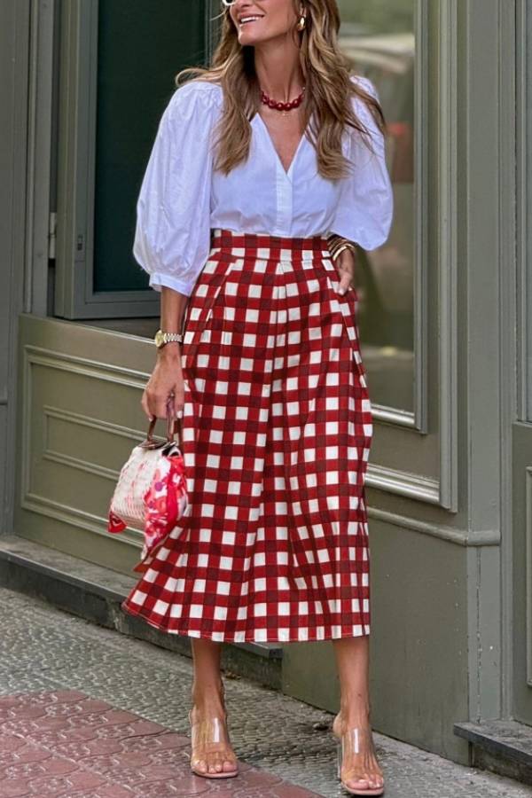 Vintage Gingham High Waist A‑Line Midi Skirt