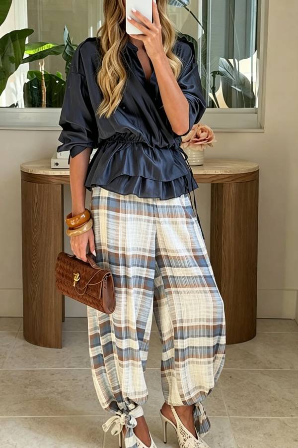 Adrenia Plaid Print Mid Rise Elastic Waist Pocket Tie-up Hem Balloon Pants