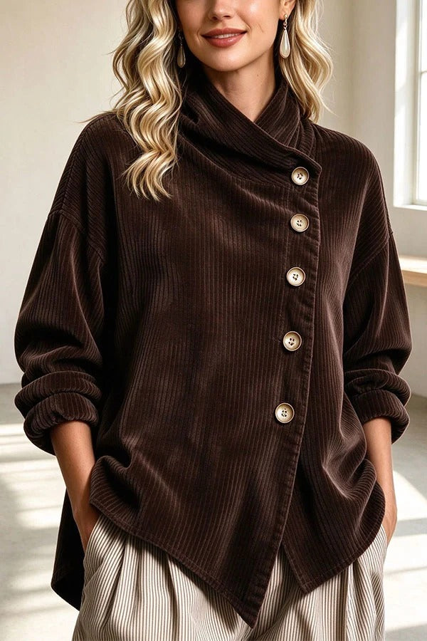 Chic Slanted Button High-Neck Corduroy Outerwear