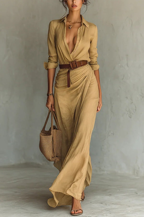 City Sleek Single Breasted Long Sleeve Warp Slit Shirt Maxi Dress