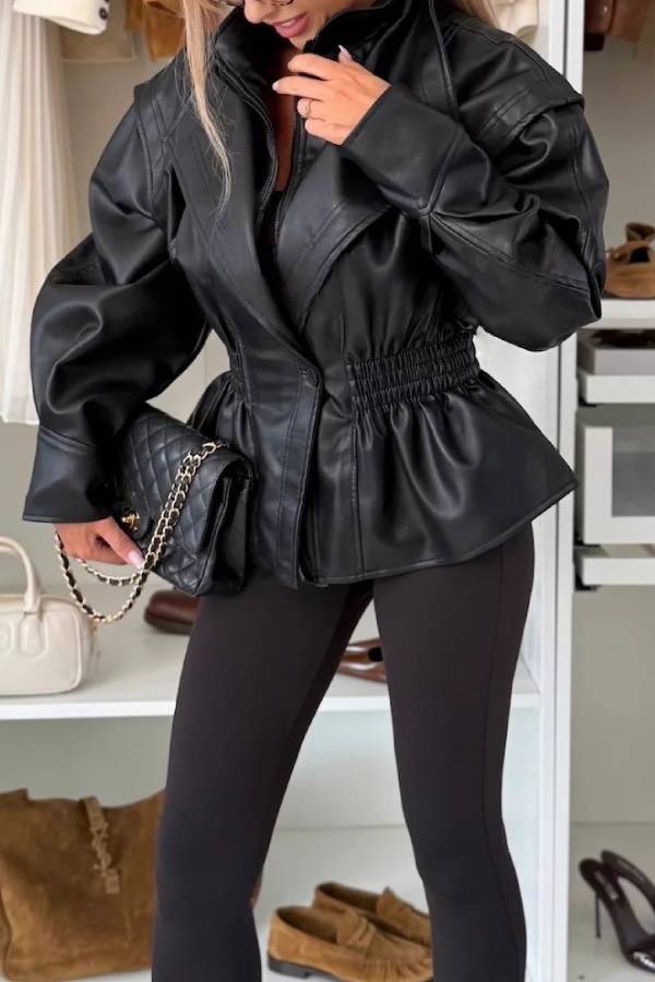 Waist-Cinched Peplum Lapel PU Leather Jacket