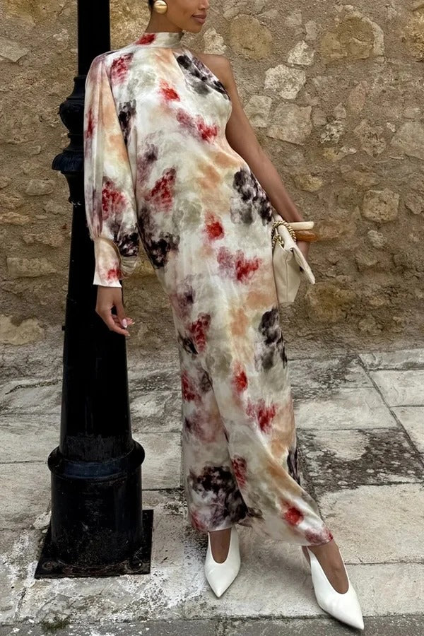 Ninah Satin Tie-dye Print Tie-up Neck One Sleeve H-line Maxi Dress