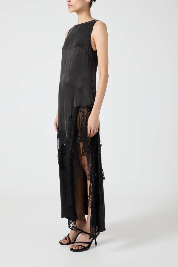 Pretty Soul Satin Lace Trim Wide Neck Irregular Hem Slit Maxi Dress