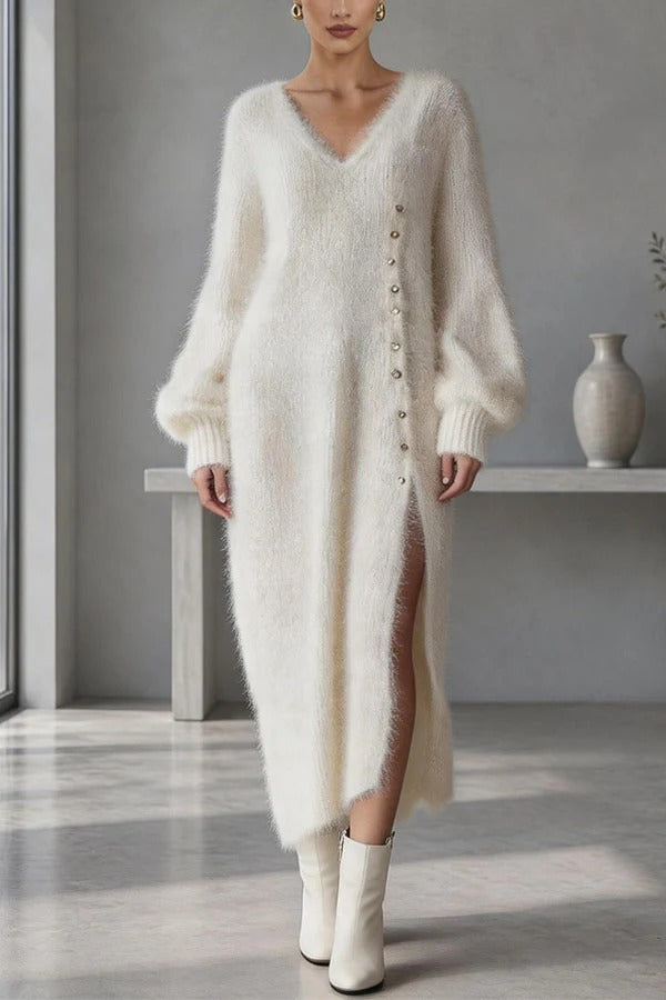 Autumn/Winter Knit V-neck Button Up Balloon Sleeve Loose Slit Sweater Midi Dress