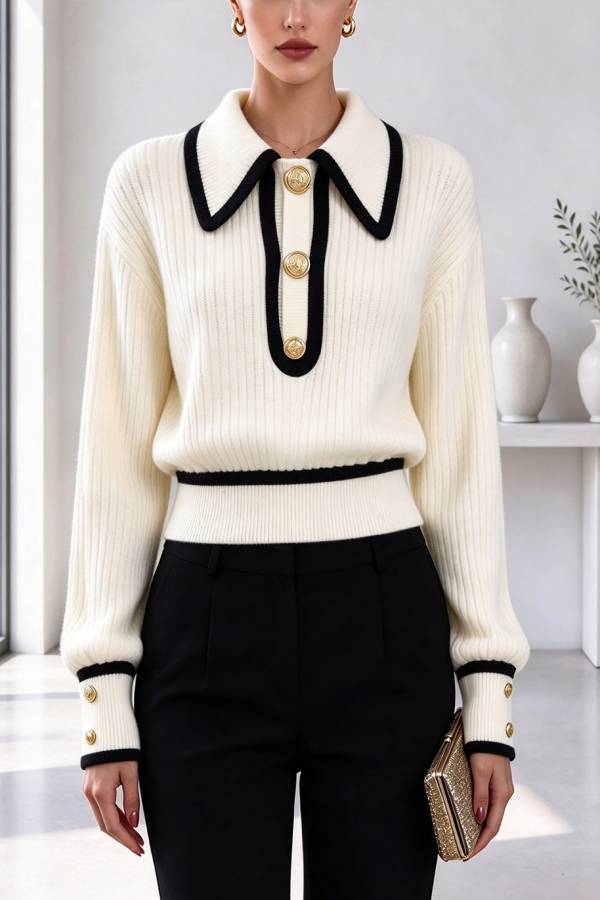 Olivia Knit Top with Contrast Piping and Collar