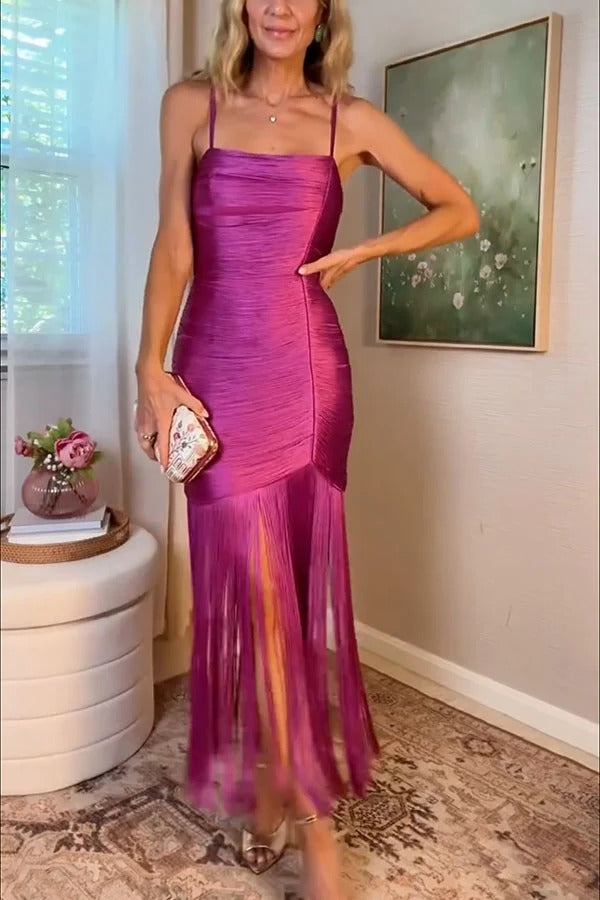 Cocktail Party Tassel Cowl Neck Sleeveless Drape Hem Slip Maxi Dress