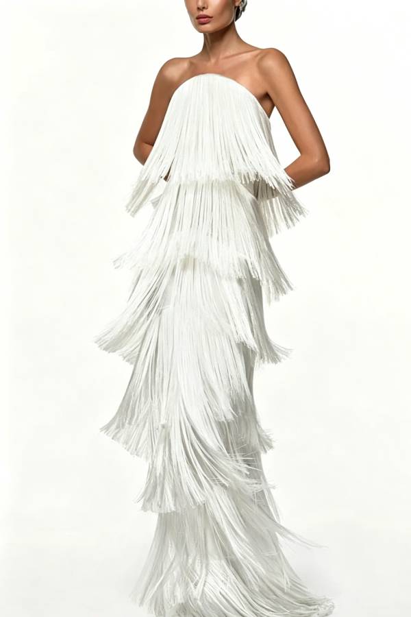Party Queen Layered Tassel Design Off Shoulder Back Tie-up Maxi Dress