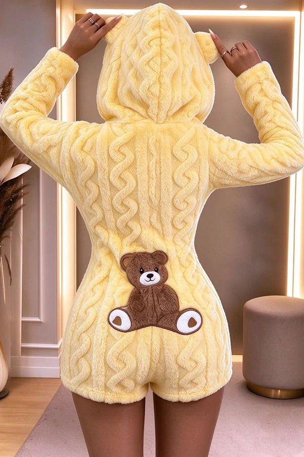 Relaxed and Cozy Teddy Bear Long Sleeve Zipper Hooded Lounge Romper