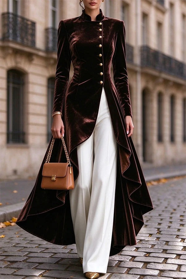 Napoleon Style Velvet Stand Neck Button Long Sleeve High Low Hem Midi Coat