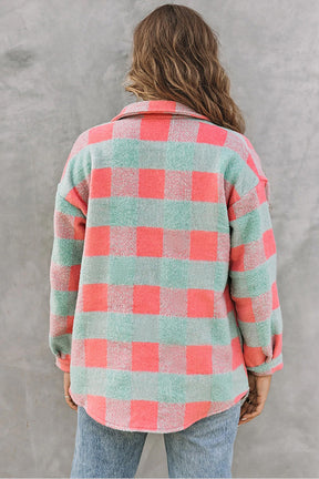 Pink Plaid Colorblock Casual Oversized Jacket