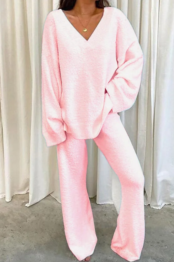Comfortable Solid Color V-neck Daily Two-piece Set