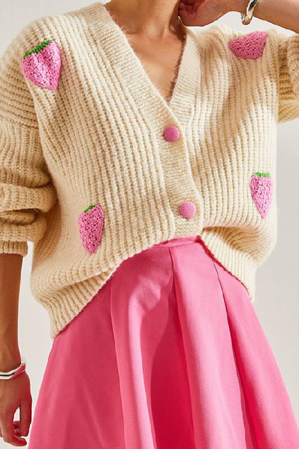 Sweet V-neck beige strawberry decorated cardigan sweater