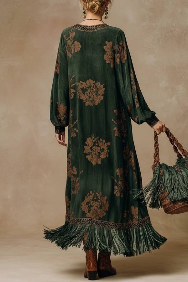 Retro Silhouette Printed Green Faux Suede Tassel Maxi Dress