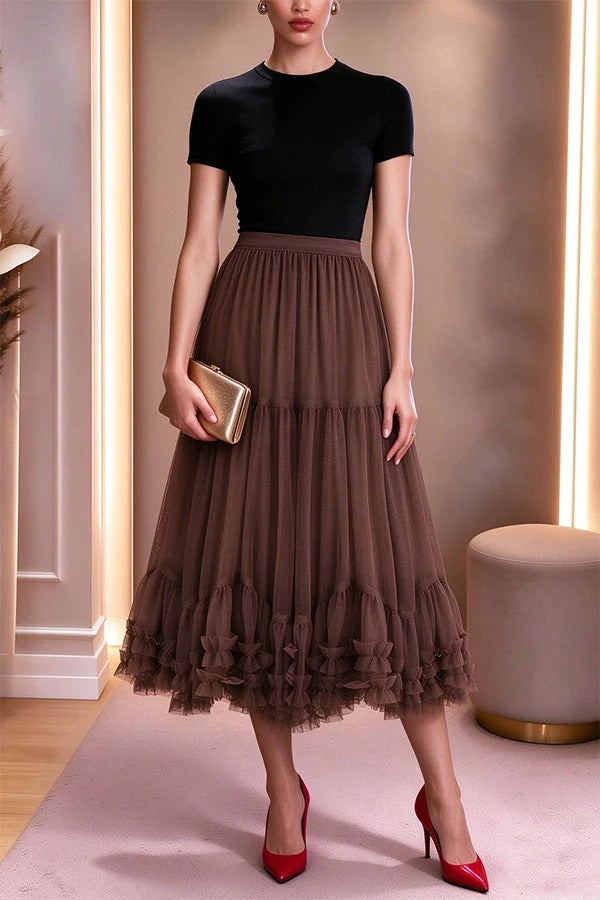 Sweet Style Mesh Elastic Waistband Lettuce-edge Detail Puffy Midi Skirt