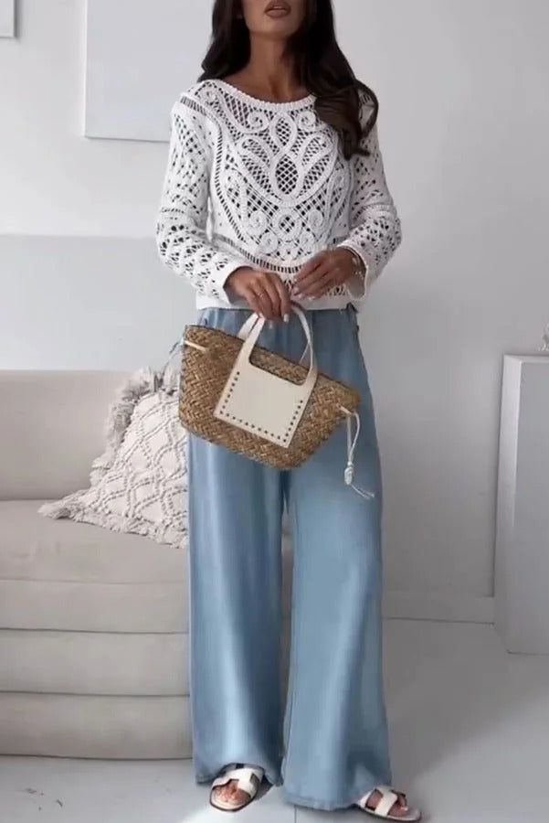 Lopez Knit Crochet Cutout Unique Pattern Long Sleeve Loose Top