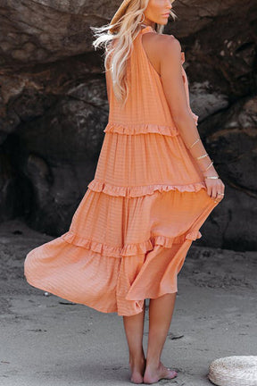 COTTON BLEND POCKETED TIERED MIDI DRESS
