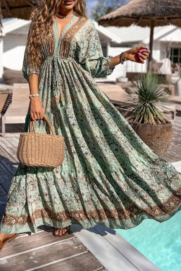 Green Boho Floral Print Backless Drawstring High Waist Maxi Dress