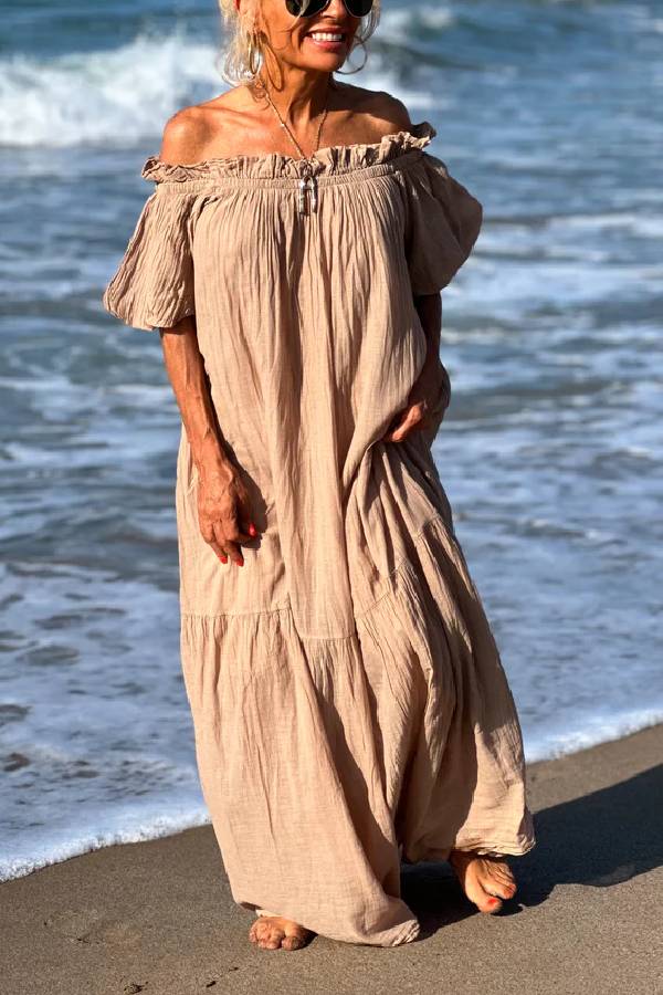 Linen Blend Ruffle Off Shoulder Puff Sleeve A-line Maxi Dress