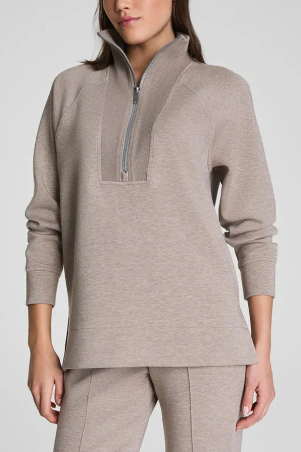 Alfia Ribbed Stand Zipper Neck Long Sleeve Sweatshirt and Button Elastic Waist Pocketed Loose Pants Set