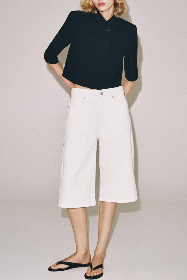 Navy Stand Collar Cropped 1/2 Sleeve Blazer