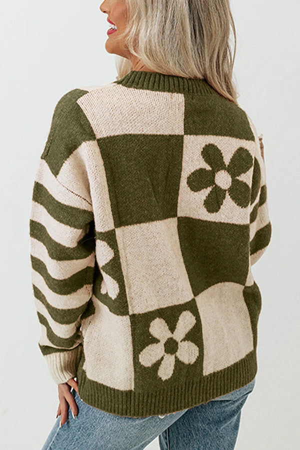 Checkered and Striped Knitted Pullover Sweater
