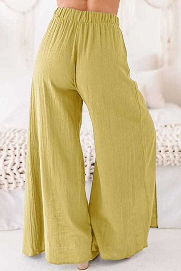 Bohemian linen high waist wide leg slit casual trousers