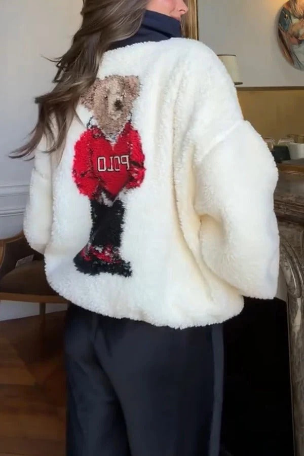 Cute Bear Print Colorblock High-Pile Fleece Zipper High Neck Long Sleeve Pocket Sweatshirts