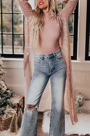 Rose Tan Open Front Long Sequin Bell Sleeves Cardigan