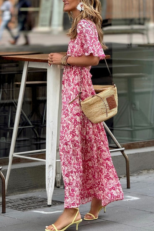 Red floral V-neck leisure holiday dress