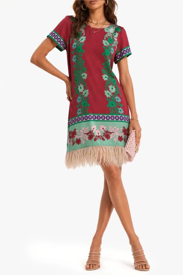 Satin Printed Feather Tassel Shift Dress