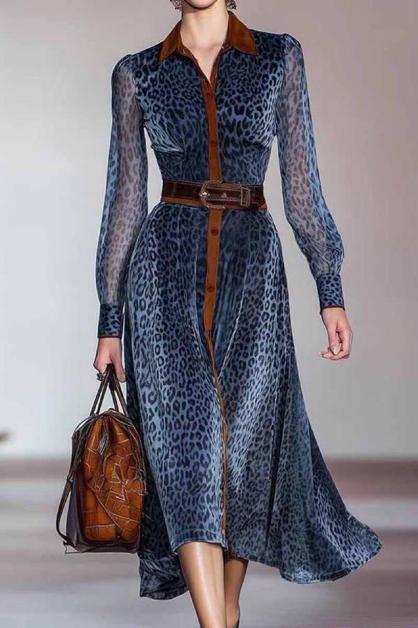 Vintage Blue Leopard Print Shirt Collar See-Through Long Sleeve Dress（No belt included）
