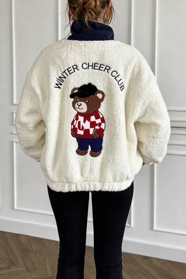 Plaid Teddy Bear Print Colorblock High-Pile Fleece Zipper High Neck Long Sleeve Pocket Sweatshirts