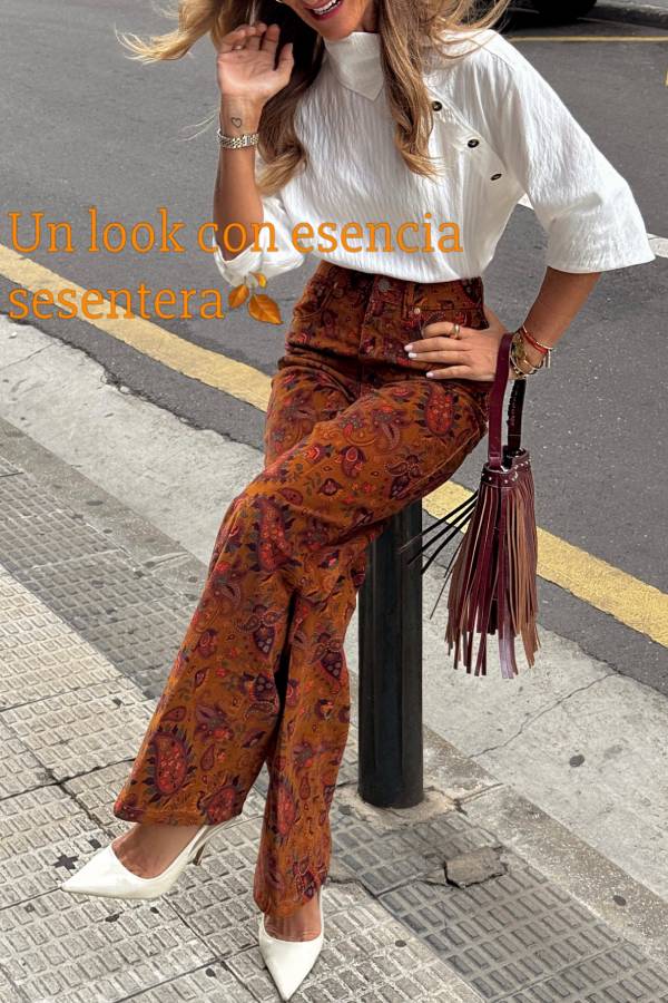 Brown Orange Paisley Print High Waist Flare Pants