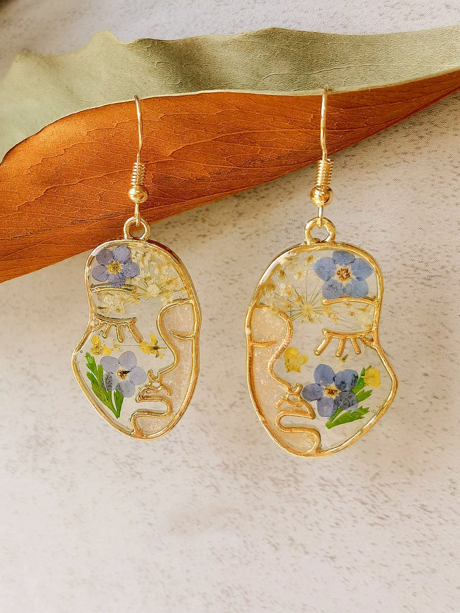 Pressed Flower Earrings -Abstract Face Forget Me Not Flower