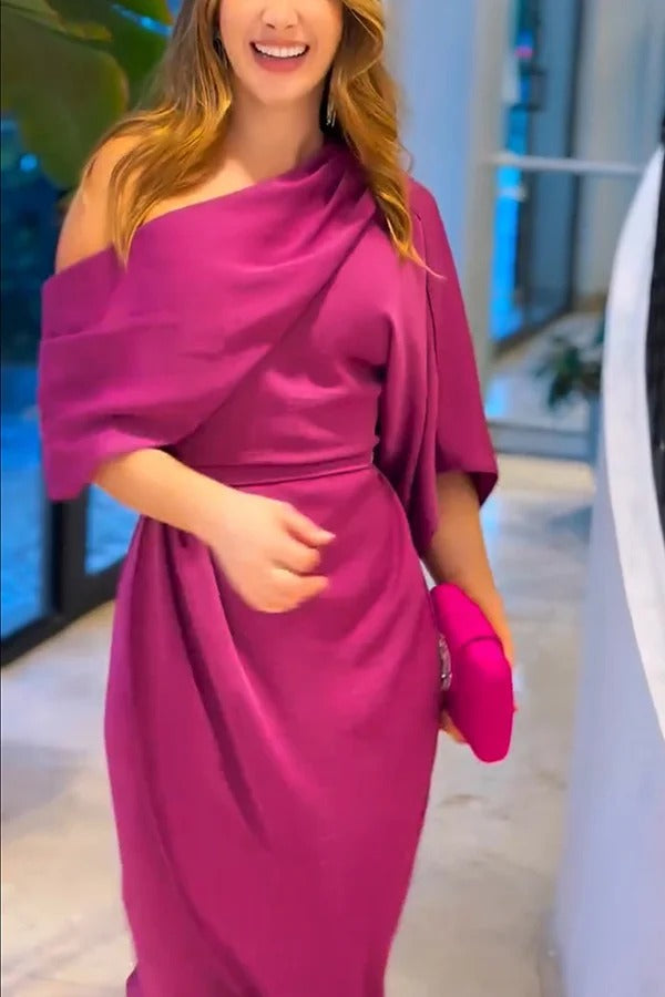 Whispered Yes Satin Irregular Lapel Neckline Design Ruched Maxi Dress