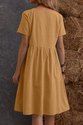 Loose Pocket Solid Color Round Neck Short Sleeve Dress