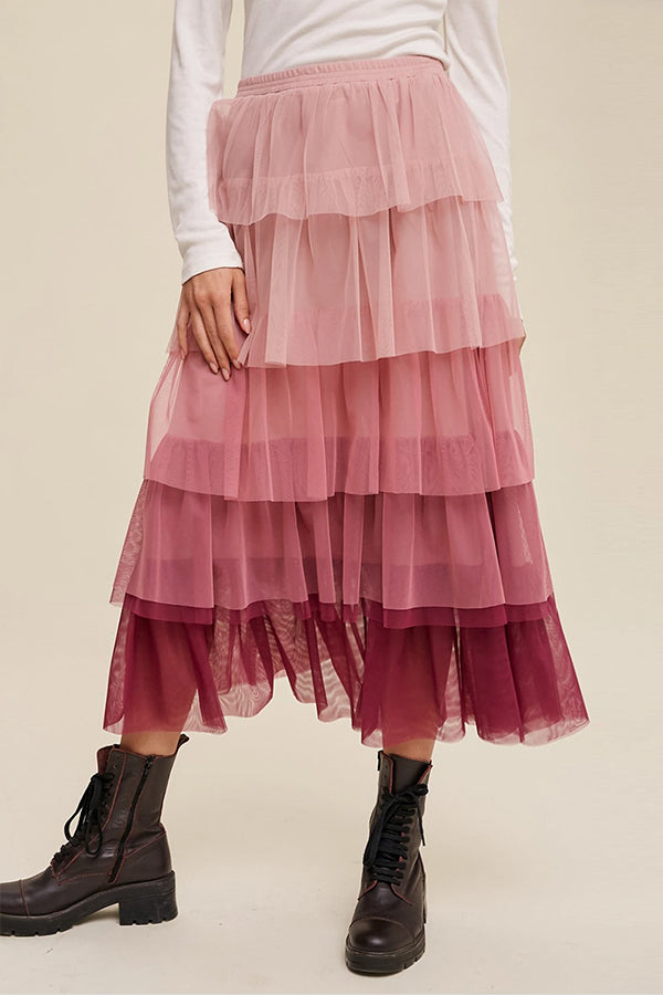 Pink Gradient Mesh Ruffle Tiered Tulle Maxi Skirt