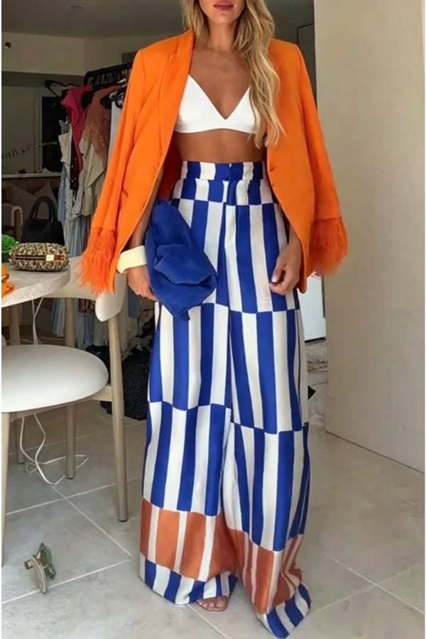 Chic Day Color-block Stripes Print High Rise Pocketed Wide Leg Pants