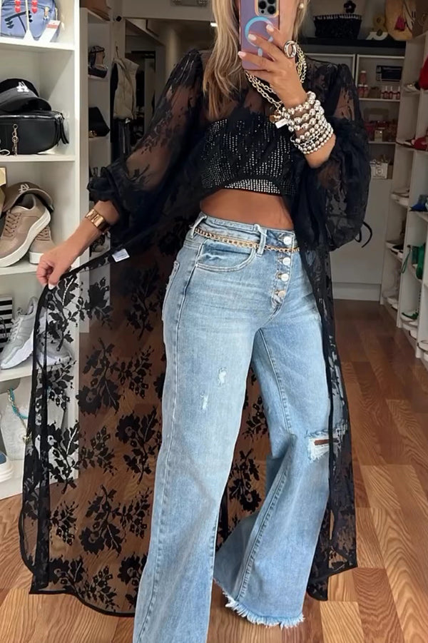 Fashion Denim Button Pocket Ripped Raw Edge Loose Jeans