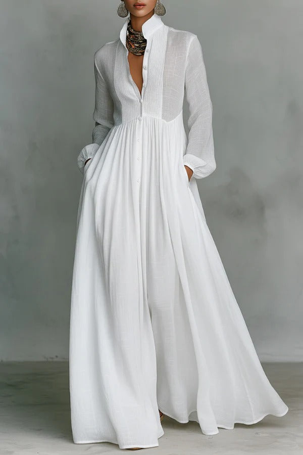 Solid Color Stand Collar Long Sleeve Casual Pocket Maxi Dress